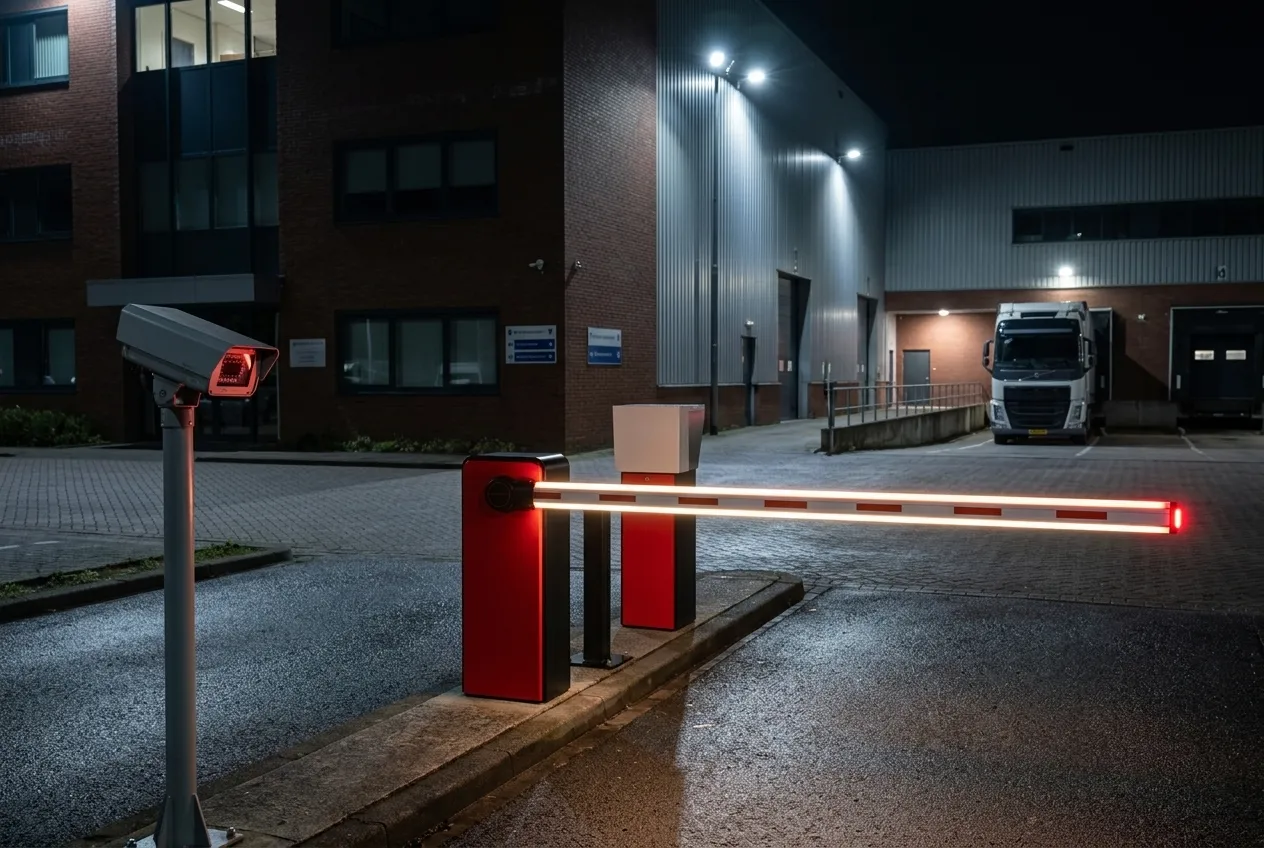 Hikvision slagboom met LED-arm en ANPR-camera bij een distributiecentrum in de nacht