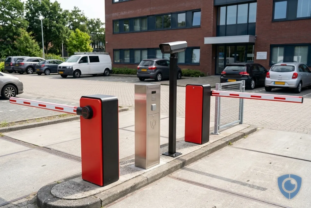 Twee Hikvision slagbomen voor in- en uitrit van een bedrijfspark met paslezer