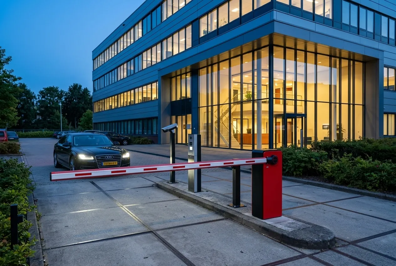 Hikvision slagboom bij de ingang van een groot kantoorpand