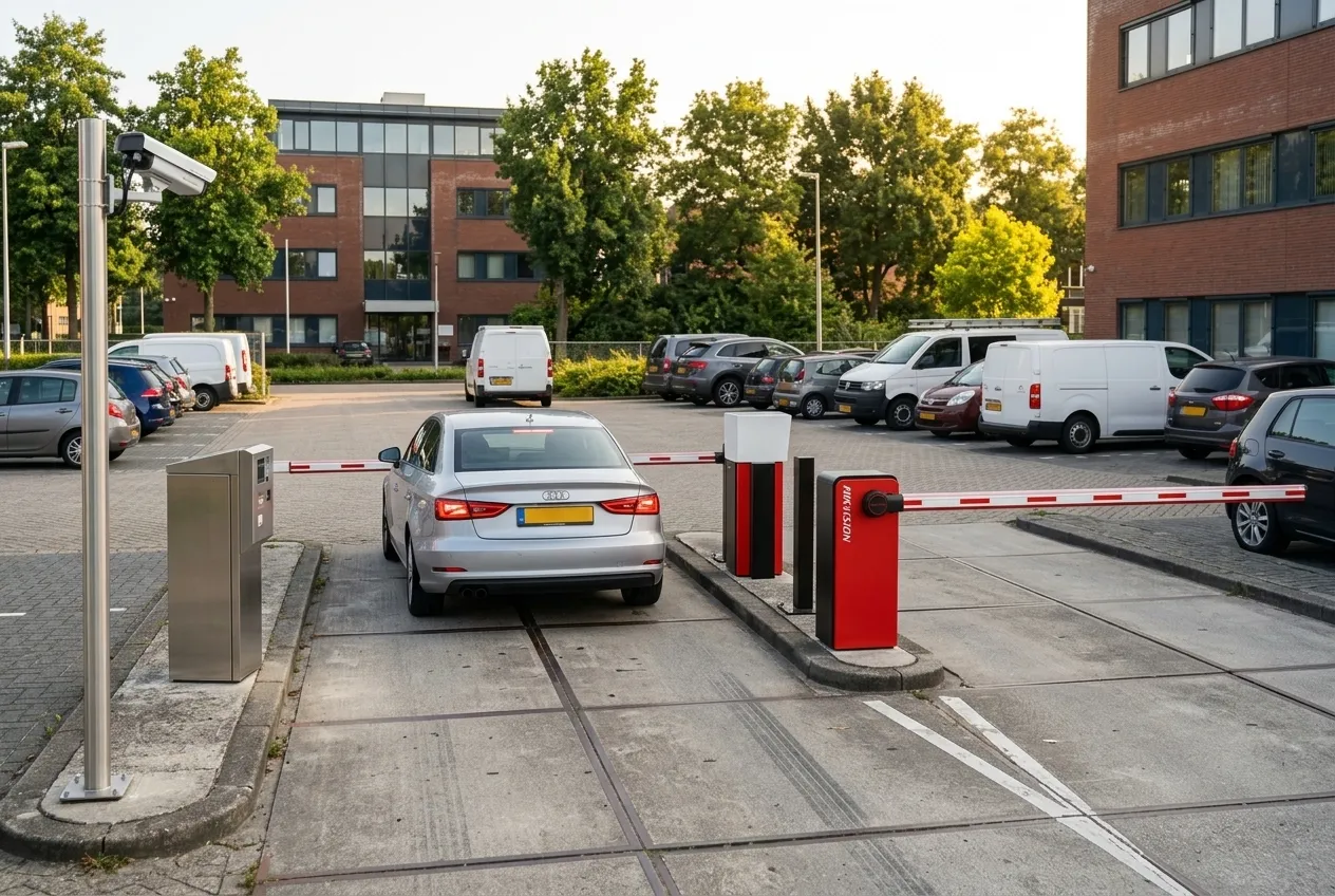 Hikvision slagboom bij de inrit van een parkeerterrein