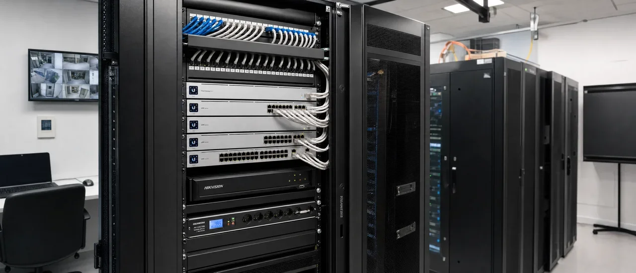 Netwerkkast met UniFi-gateway, PoE-switches en Hikvision-recorder in een kantoorpand