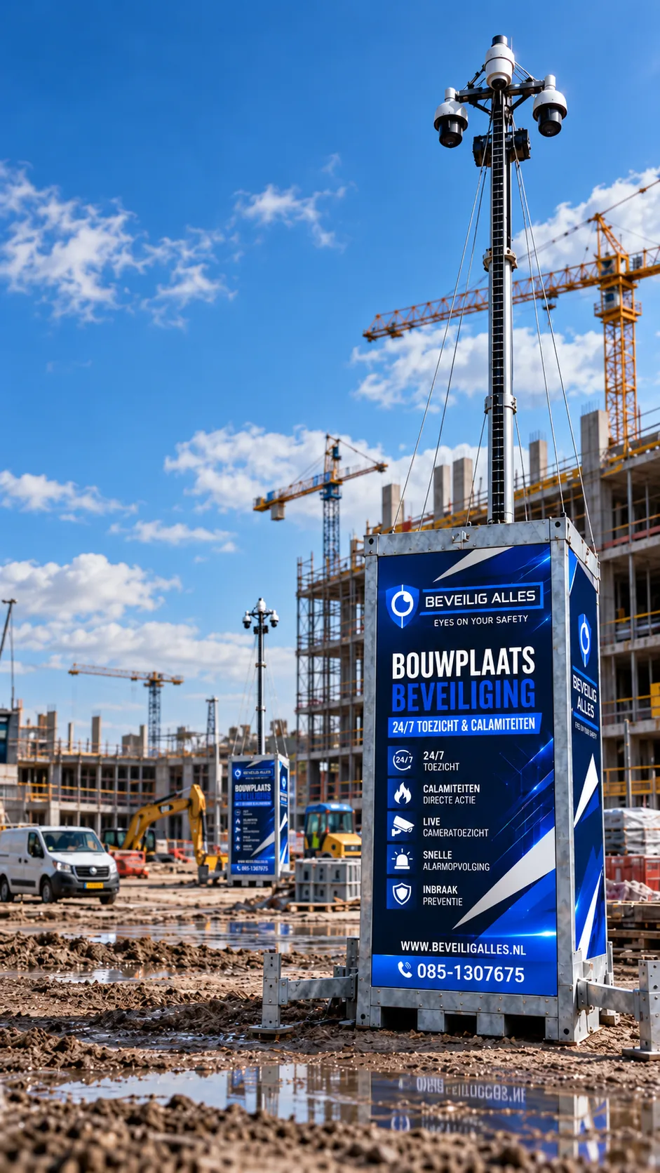 Beveilig Alles cameramast met PTZ-camera's en Bouwplaatsbeveiliging-behuizing op een groot bouwterrein met torenkranen