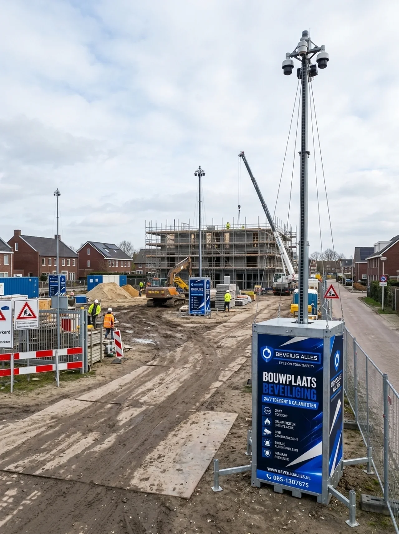 Beveilig Alles cameramast met PTZ-camera's bij een bouwplaats voor woningbouw in een woonwijk