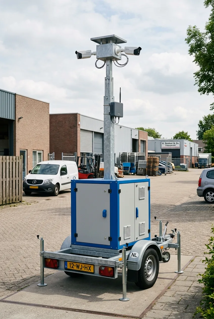 Compacte mobiele cameramast met vaste camera's bij een klein bedrijfsterrein