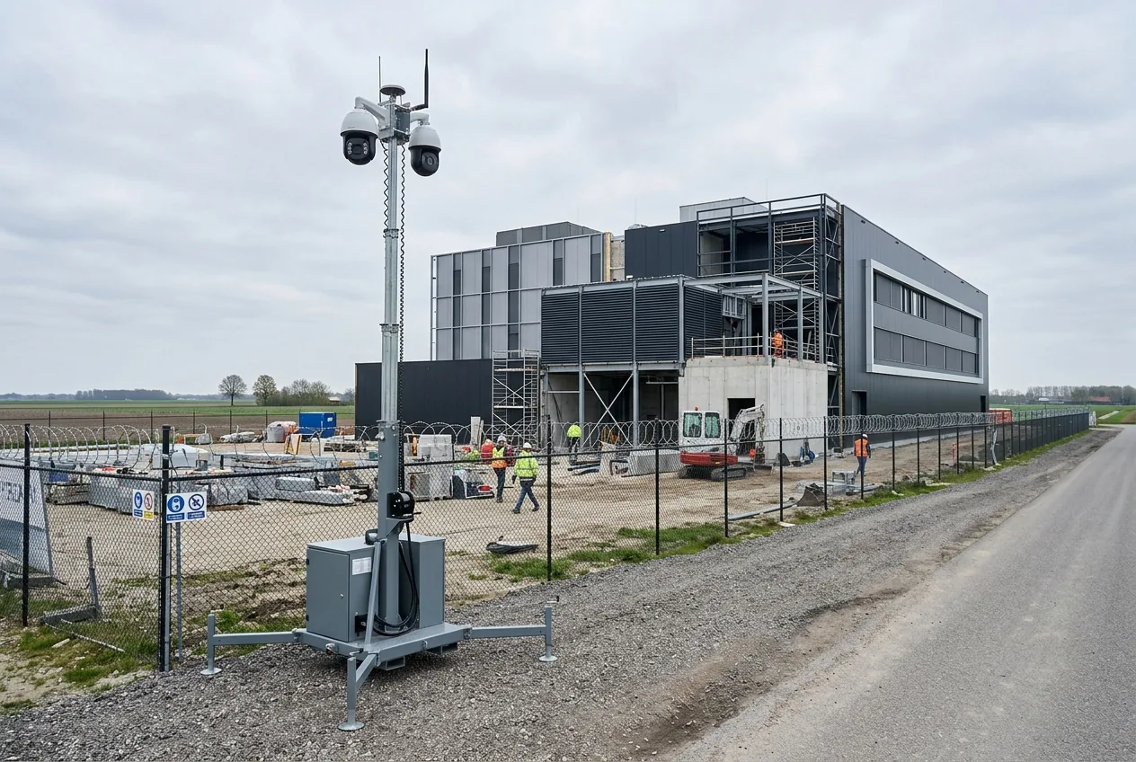 Mobiele cameramast naast een datacenter in aanbouw