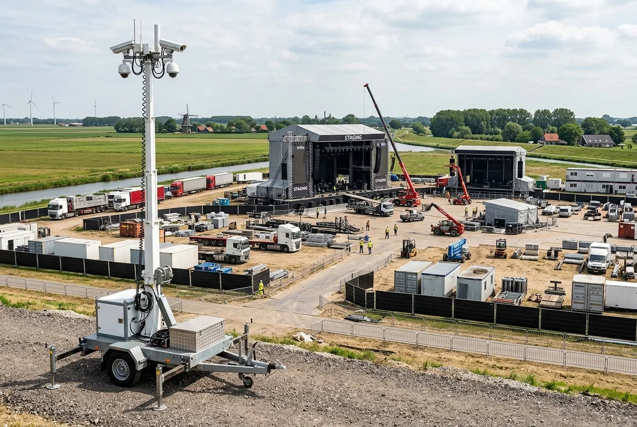 Cameramast bij de opbouw van een evenemententerrein