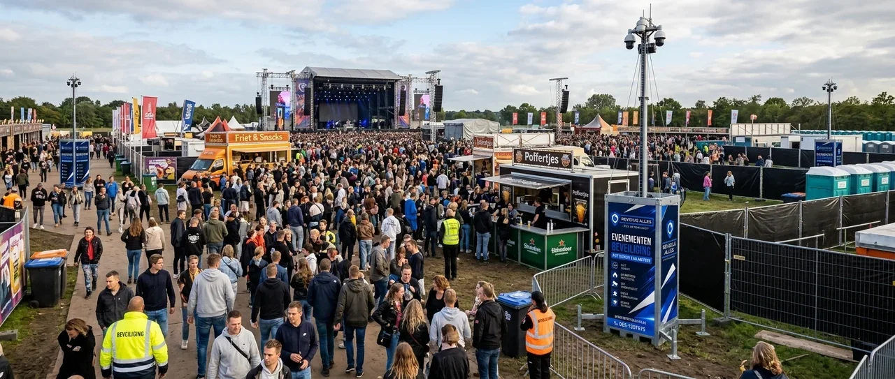 Cameramast van Beveilig Alles met PTZ-camera's bij een druk festivalterrein met podium, foodtrucks en beveiligers