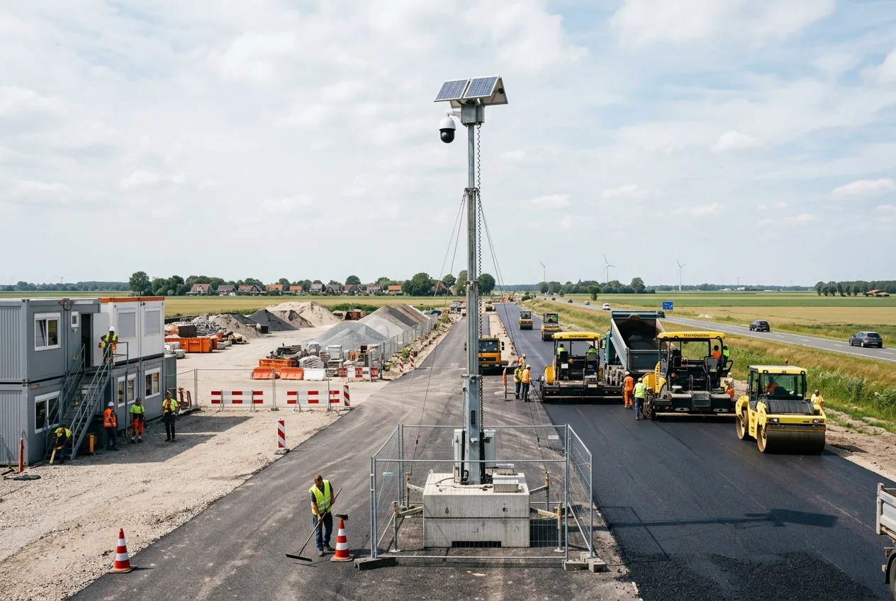 Mobiele cameramast bij een wegenbouwproject