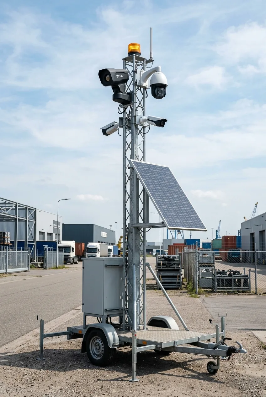 Op maat gebouwde cameramast met thermische camera, PTZ, zonnepaneel en zwaailamp