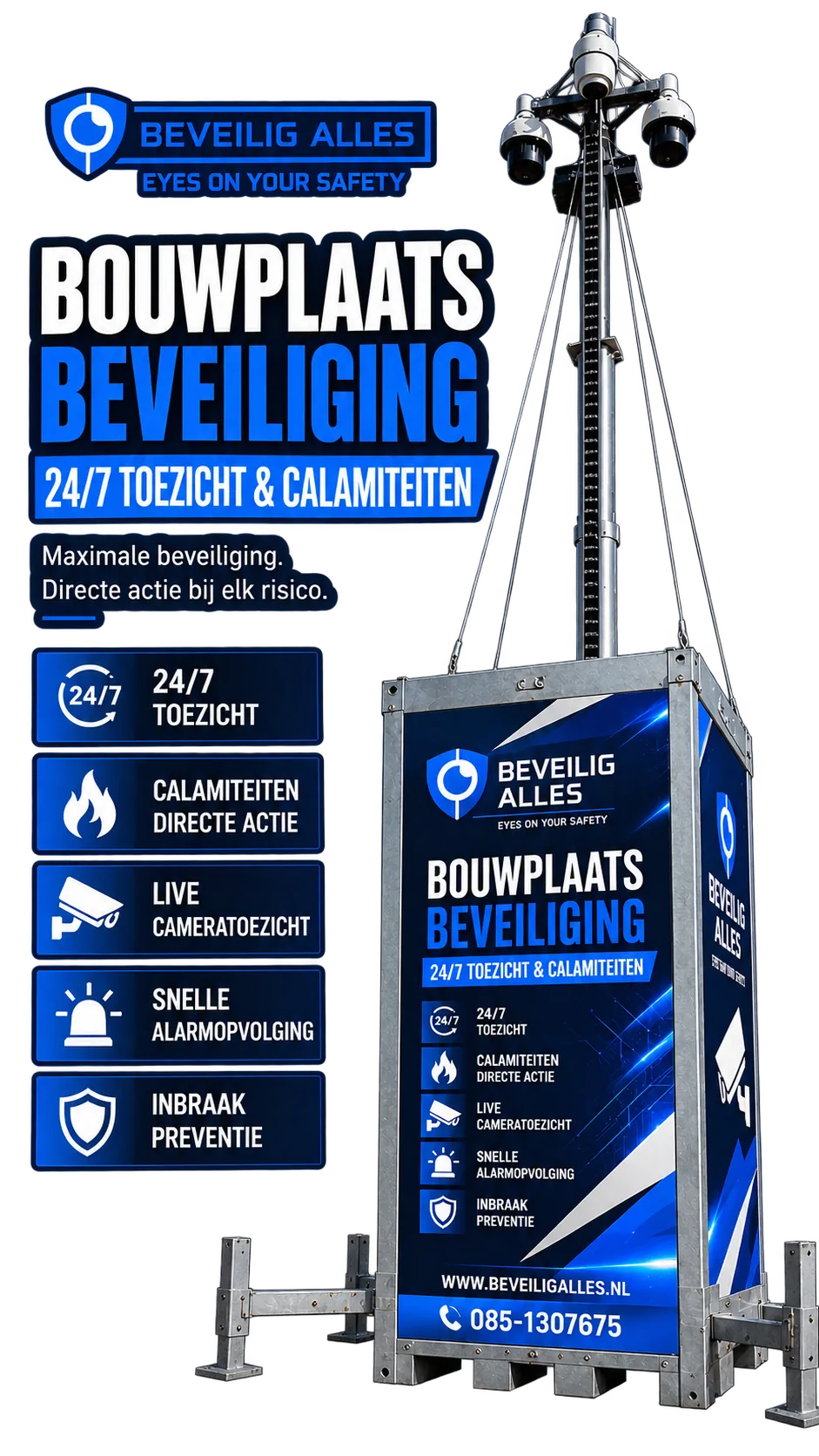 Beveilig Alles cameramast voor bouwplaatsbeveiliging met meerdere camera's en 24/7 toezicht