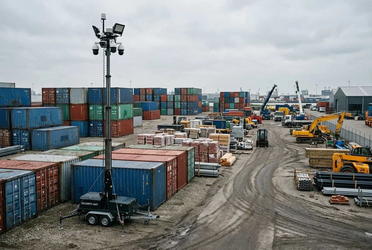 Cameramast boven een buitenopslag met containers