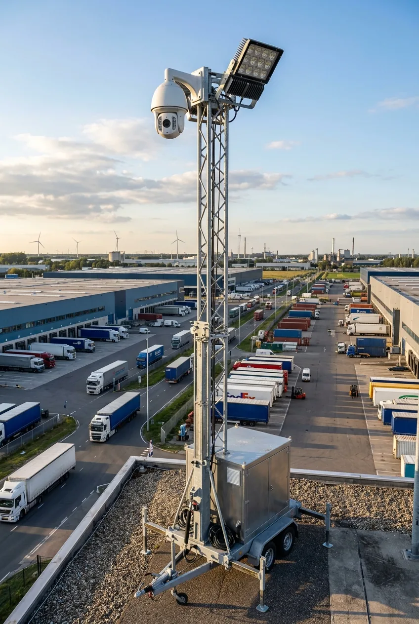 Hoge mobiele cameramast met PTZ-camera boven een logistiek terrein