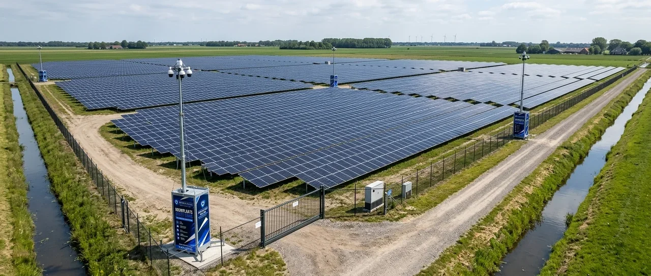 Beveilig Alles cameramasten met PTZ-camera's langs het hekwerk en de toegangspoort van een zonnepark