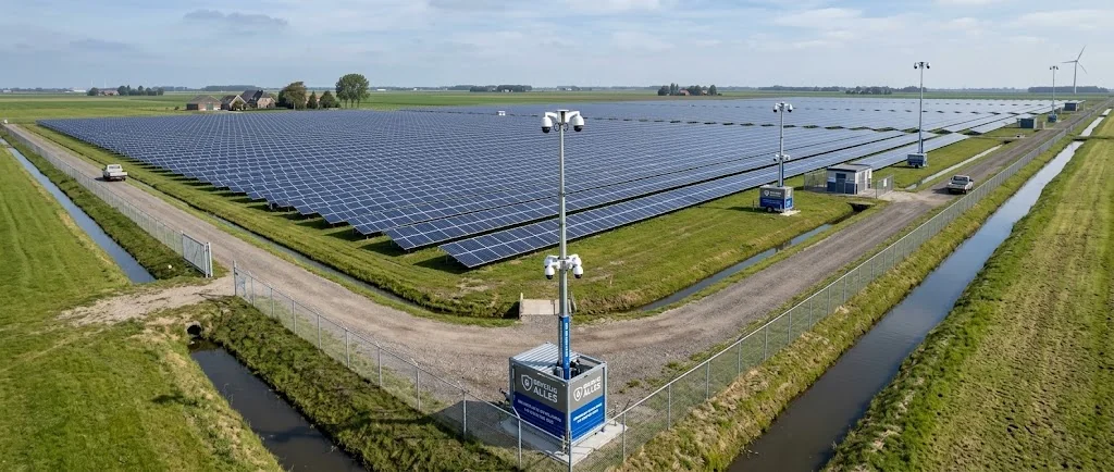 Beveilig Alles cameramast met PTZ-camera's bij het hekwerk van een zonnepark in een polderlandschap