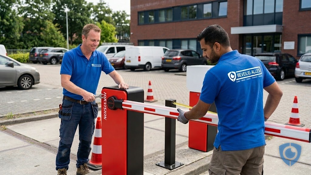Beveilig Alles monteurs plaatsen Hikvision slagboom bij bedrijfspand