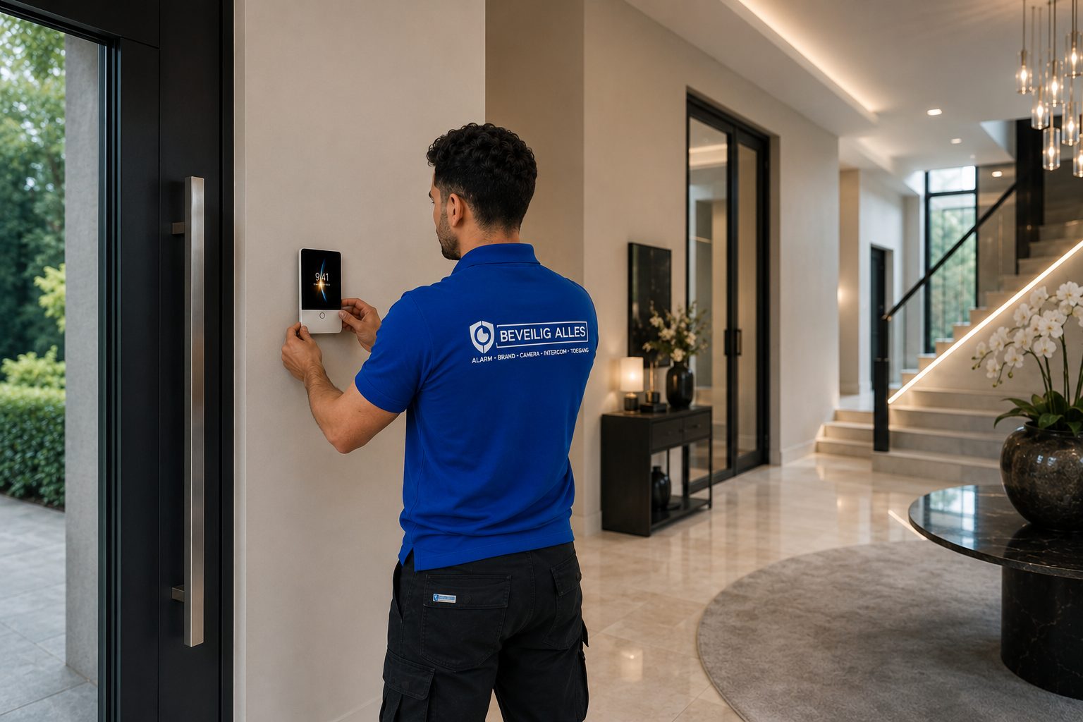 Monteur van Beveilig Alles installeert een alarmpaneel in een woning