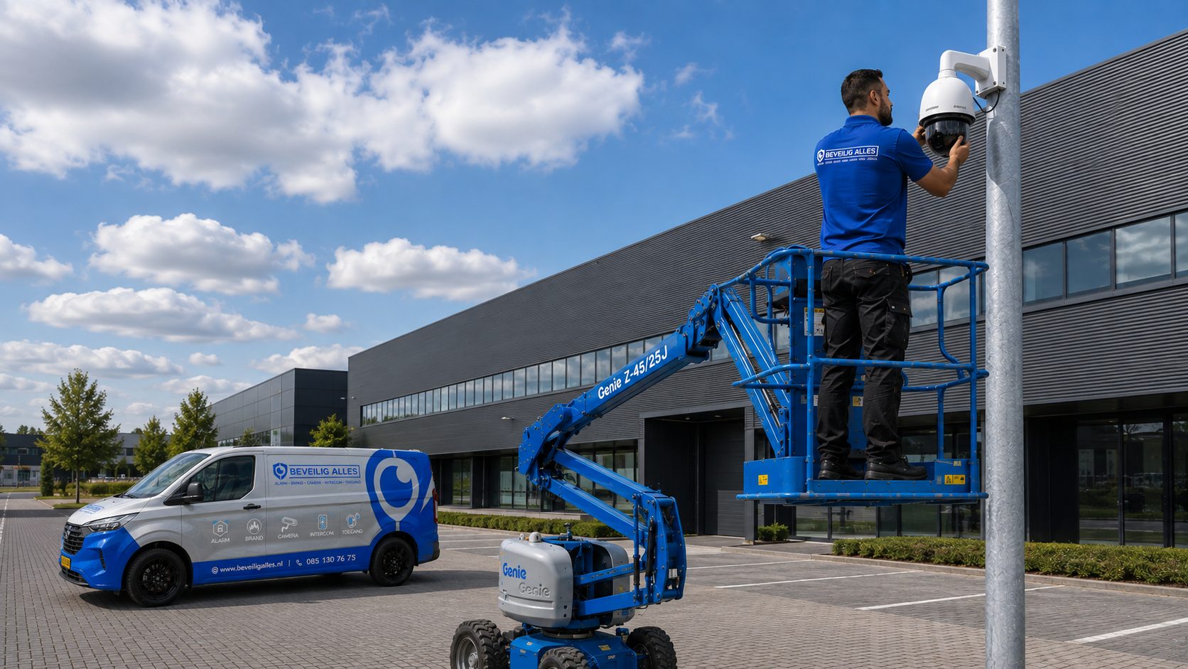 Monteur van Beveilig Alles monteert een PTZ-camera op een mast bij een bedrijfspand