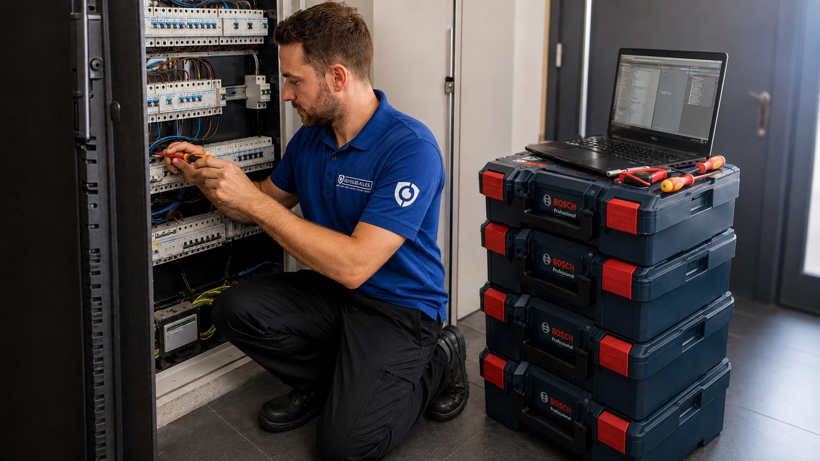 Servicemonteur van Beveilig Alles voert onderhoud uit aan een beveiligingssysteem in een technische ruimte