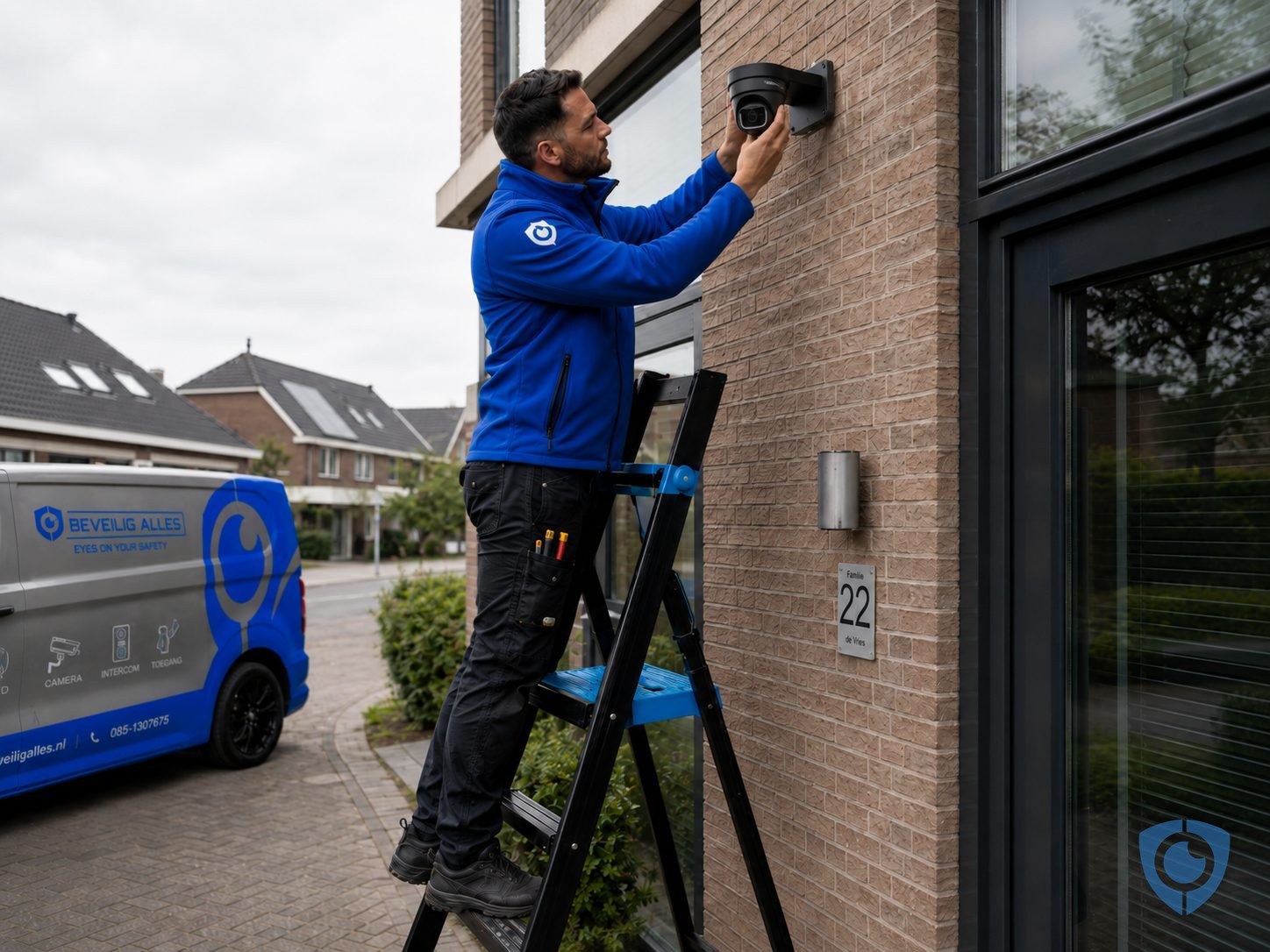 Monteur van Beveilig Alles installeert een beveiligingscamera aan een woning